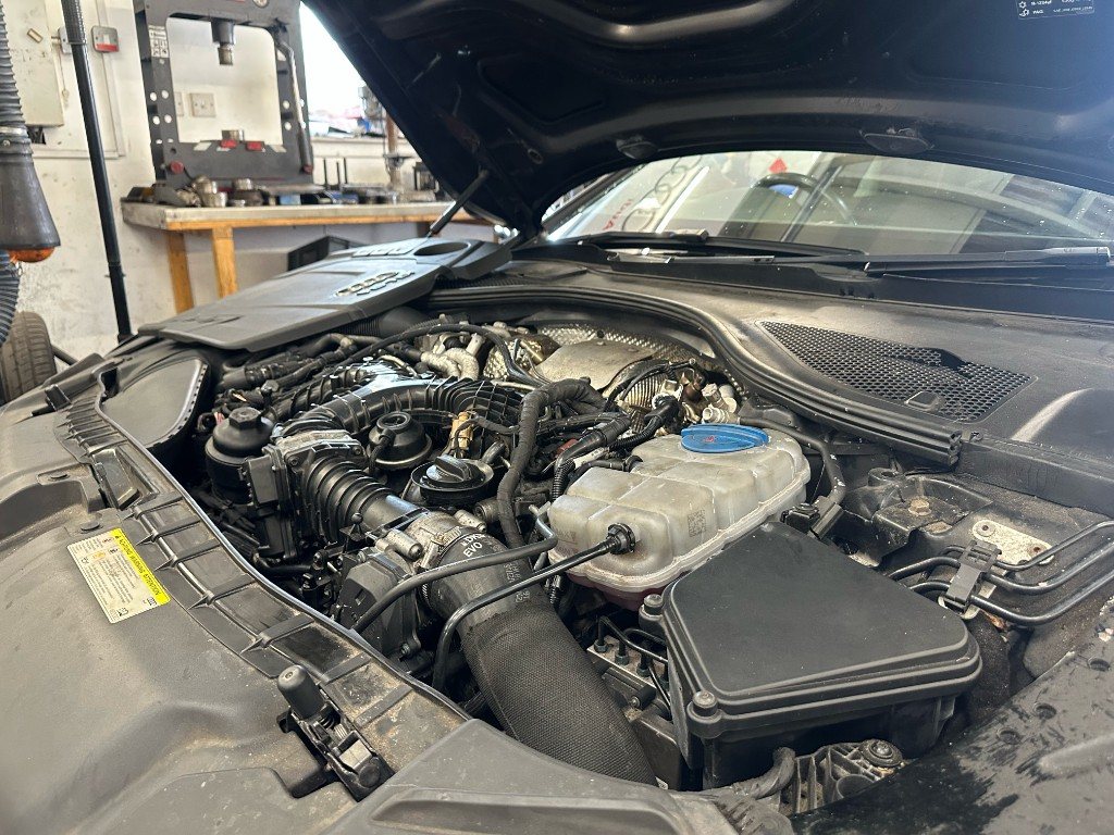 Engine bay open in the Bankside MOT workshop