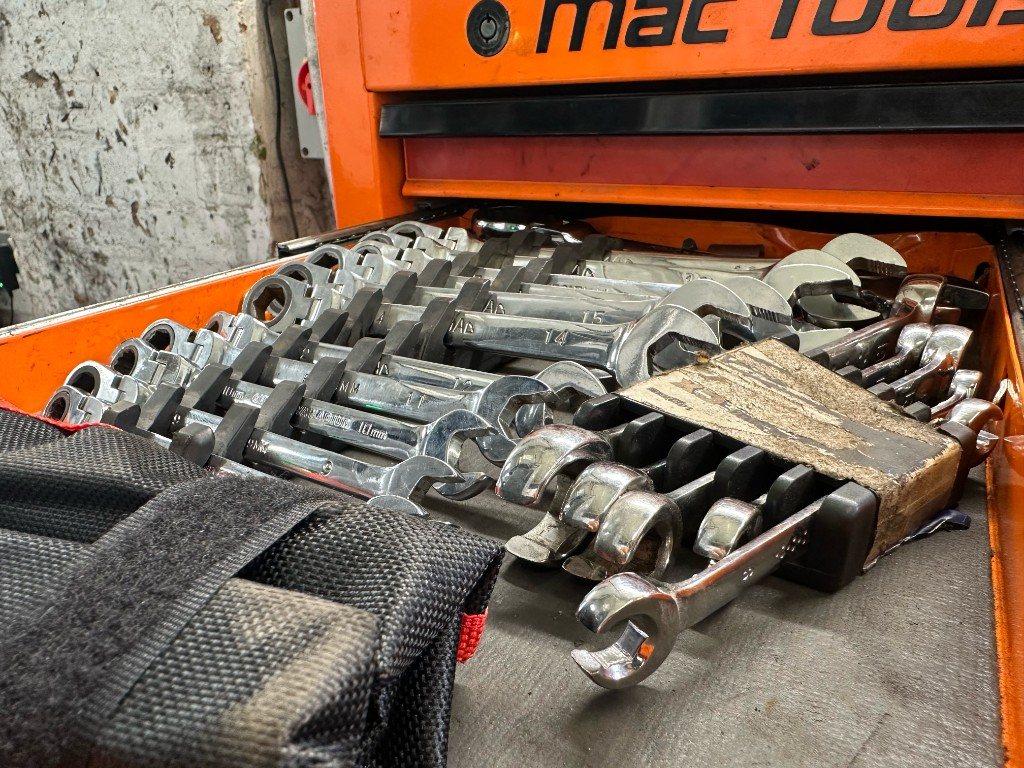 Lined-up workshop spanners in the tool chest at Bankside MOT & Repair